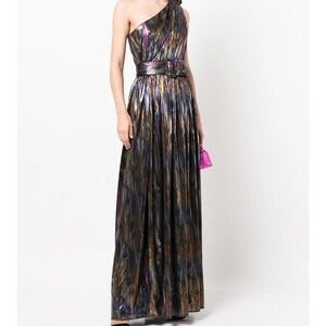 Retrofete Silver and Pink One Shoulder Gown with Pleated Skirt